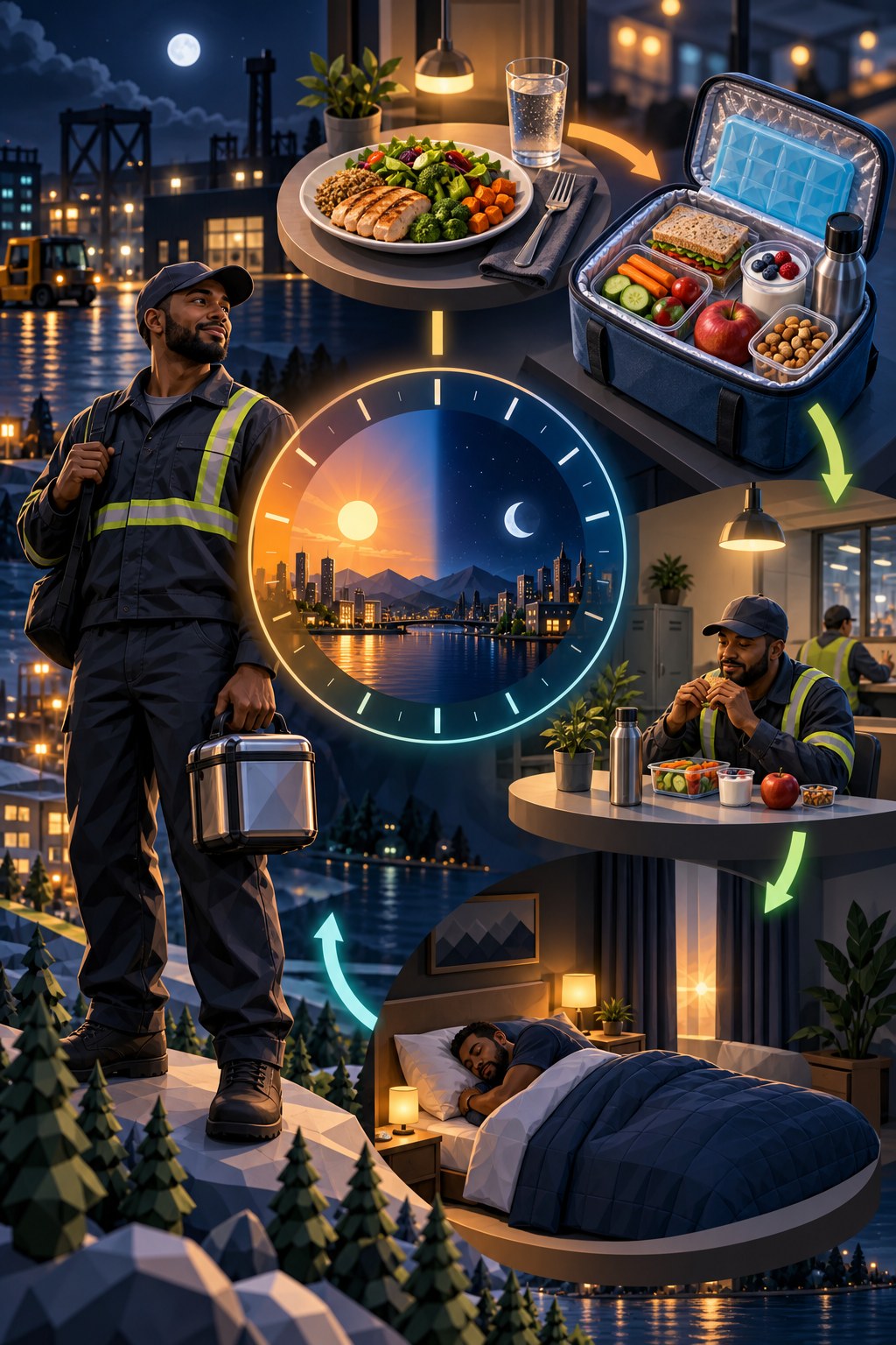Night-shift worker with a day-night clock, balanced meal, insulated food kit, calm break table, water, and planned sleep.