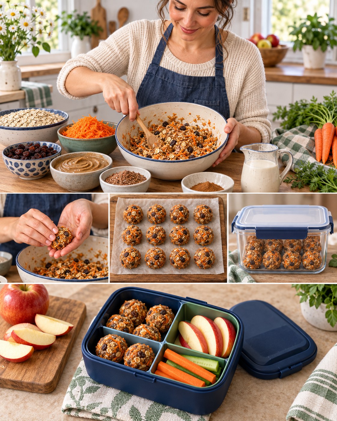 Woman mixing oats, grated carrot, sunflower-seed butter, flax, cinnamon, and raisins into twelve snack bites
