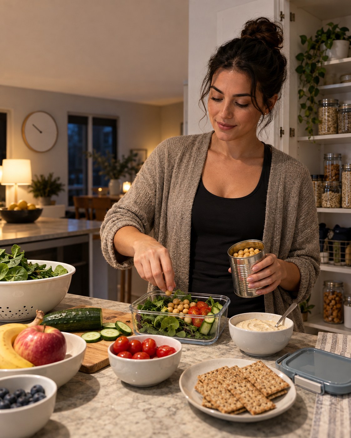 Woman assembling chickpeas, greens, tomatoes, cucumber, hummus, fruit, and crackers