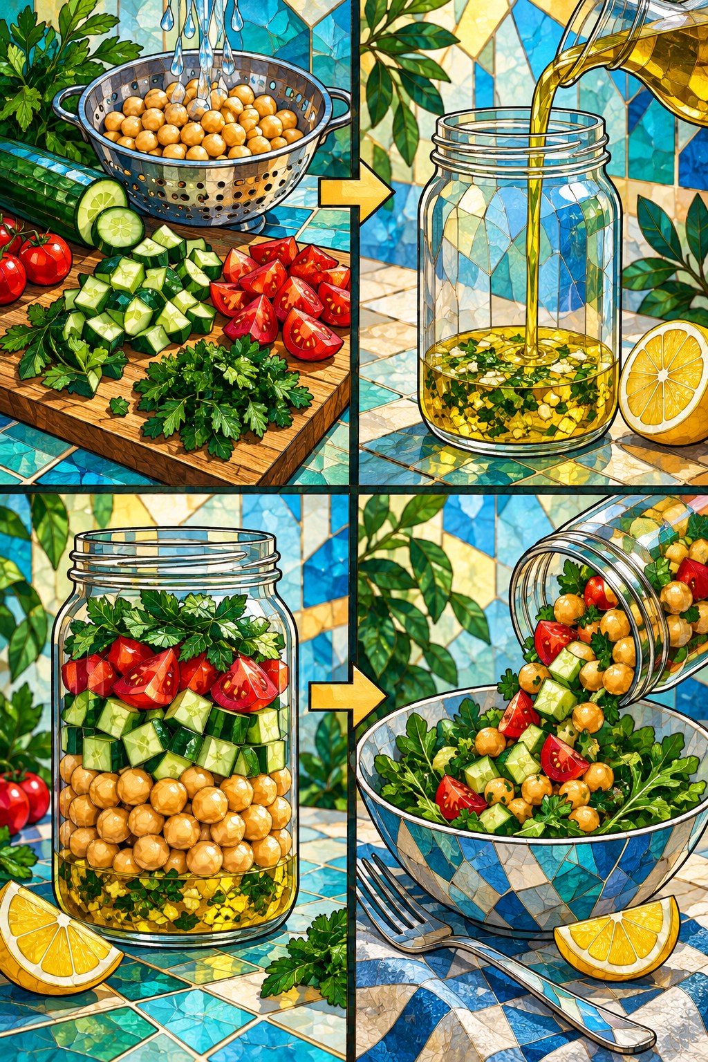 Stained-glass recipe sequence showing chickpeas, cucumber, tomato, herbs, dressing, a layered jar, and a salad bowl.