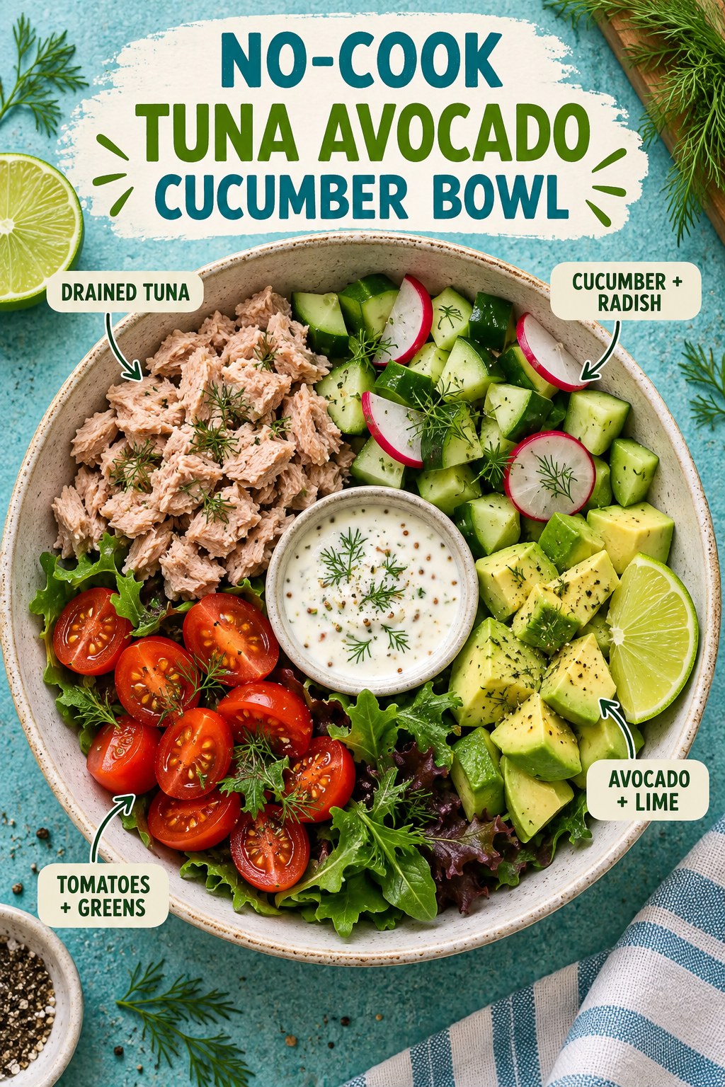 No-cook tuna avocado bowl infographic with cucumber, radish, tomatoes, greens, lime, dill, and labeled ingredients.