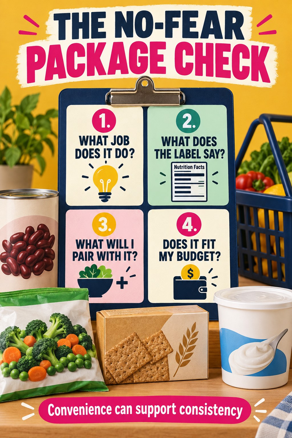 Mustard and navy grocery infographic with four questions about a packaged food's purpose, label, pairing, and budget fit.