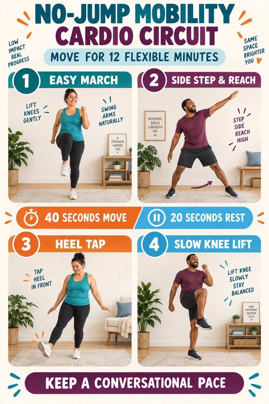 No-jump home cardio infographic with step touches, knee lifts, reach-and-rotate moves, and low-impact jacks.