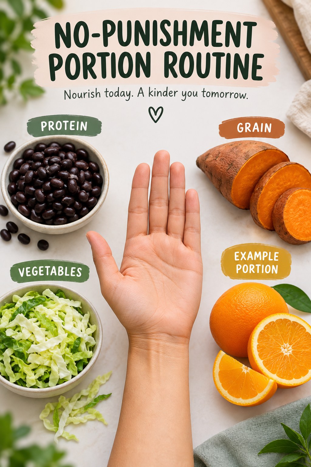 No-Punishment Portion Routine visual using black beans, sweet potato, cabbage, and orange as flexible example portions for Weight Loss Motivation.