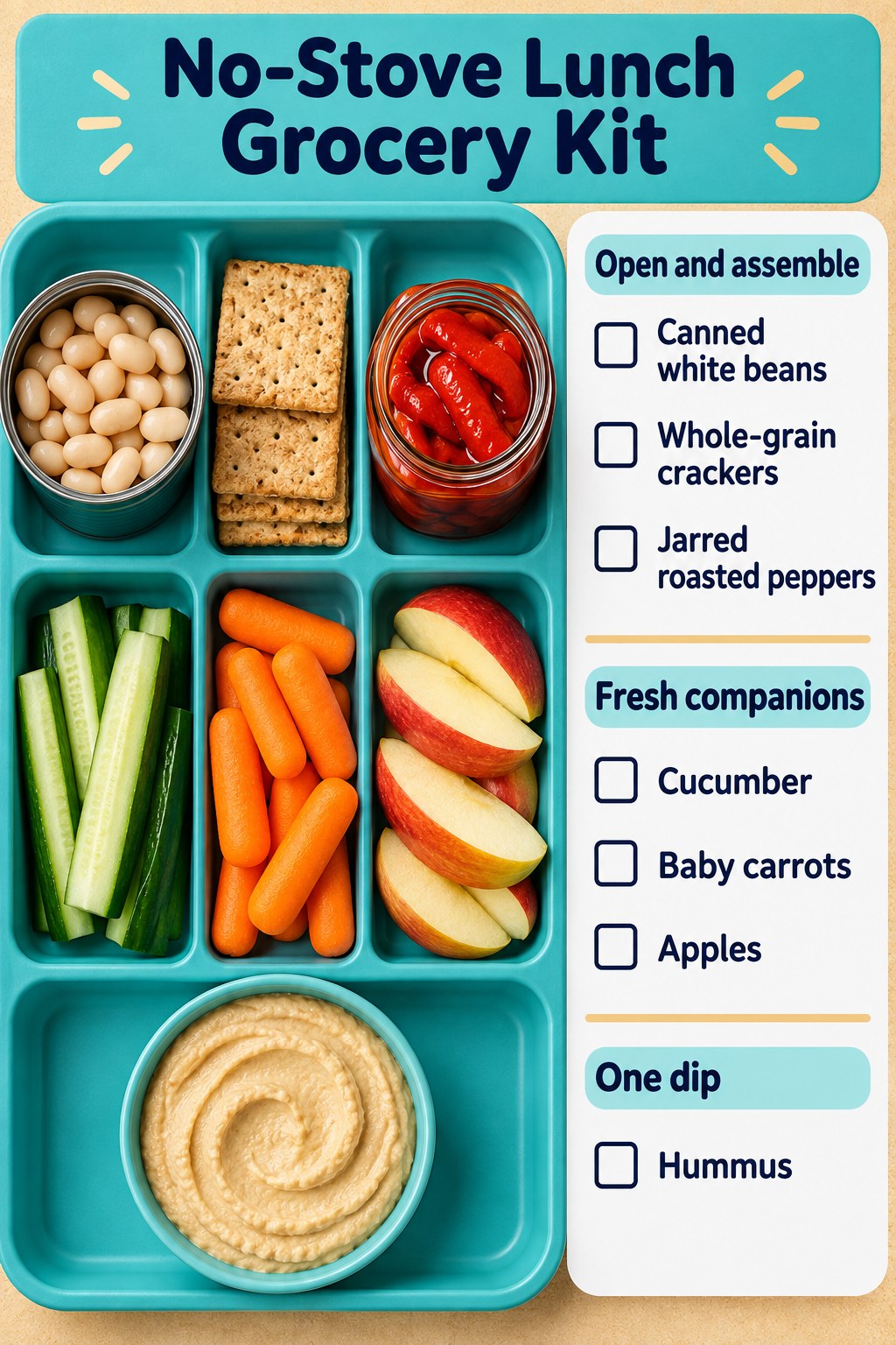 Turquoise and sand lunch checklist with white beans, crackers, roasted peppers, cucumber, carrots, apples and hummus.