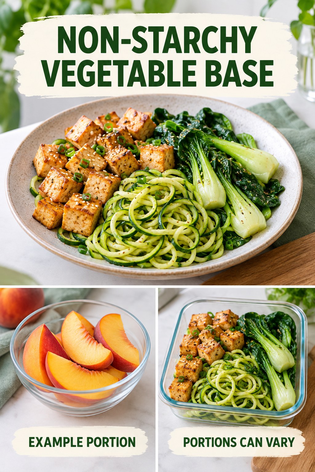 Non-Starchy Vegetable Base visual using tofu, zucchini noodles, bok choy, and peach as flexible example portions for Low Carb Meals.