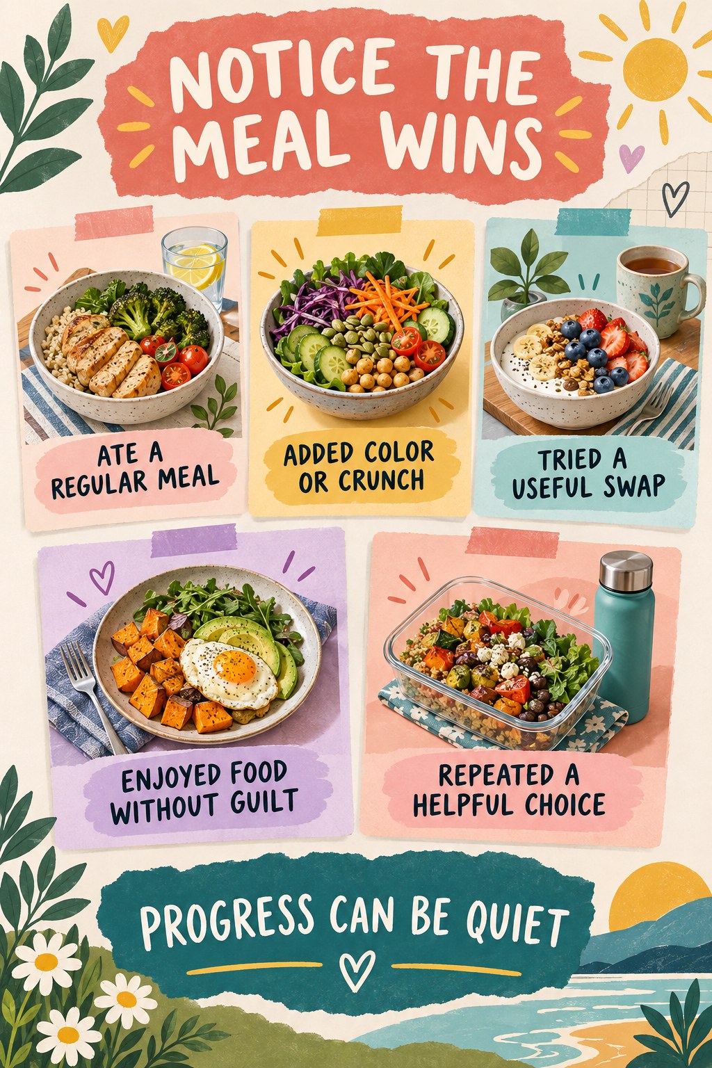 Portrait scrapbook infographic showing five healthy meal wins: regular meals, added color or crunch, useful swaps, eating without guilt, and repeated helpful choices.