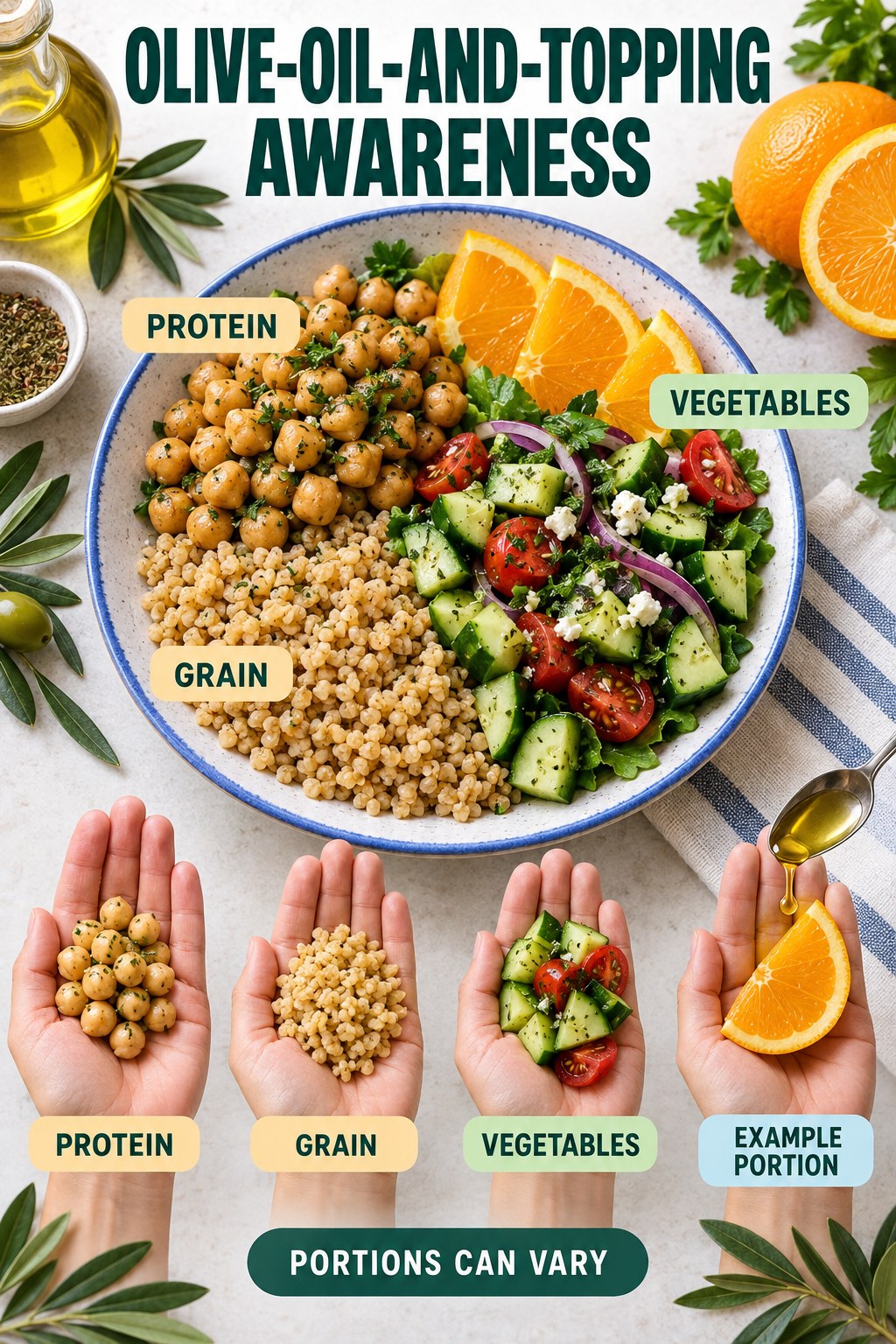 Olive-Oil-and-Topping Awareness visual using chickpeas, bulgur, cucumber, and orange as flexible example portions for Mediterranean Diet.