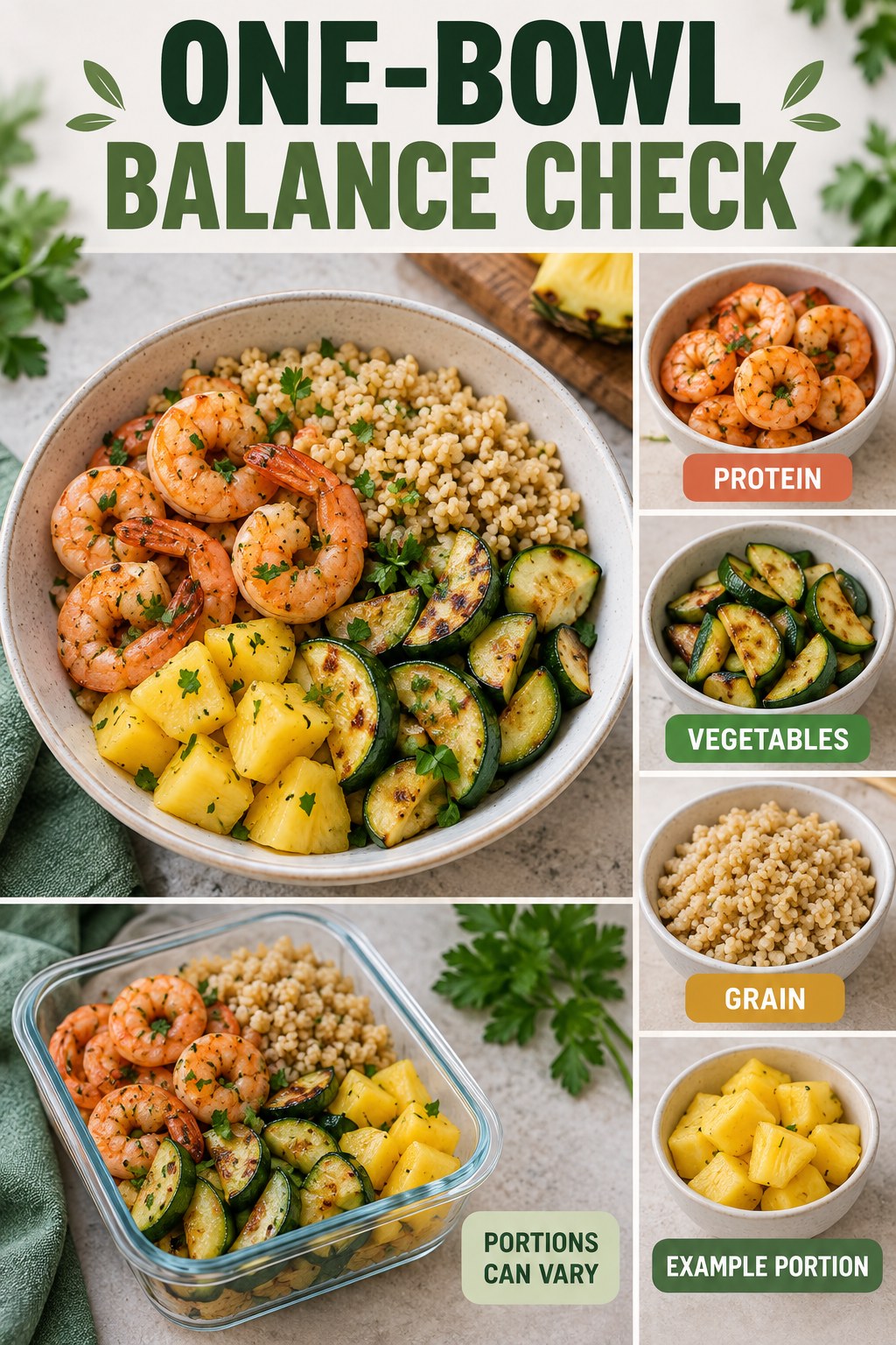 One-Bowl Balance Check visual using shrimp, bulgur, zucchini, and pineapple as flexible example portions for Easy Healthy Recipes.