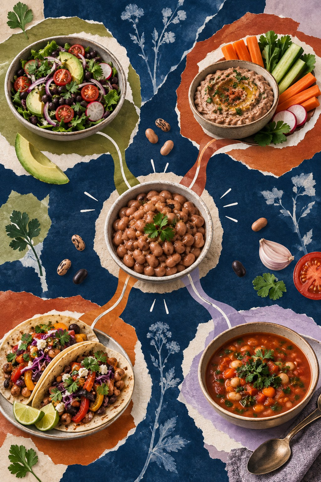 Torn-paper collage with a central bowl of beans connected to a salad, vegetable dip, tacos, and tomato soup.