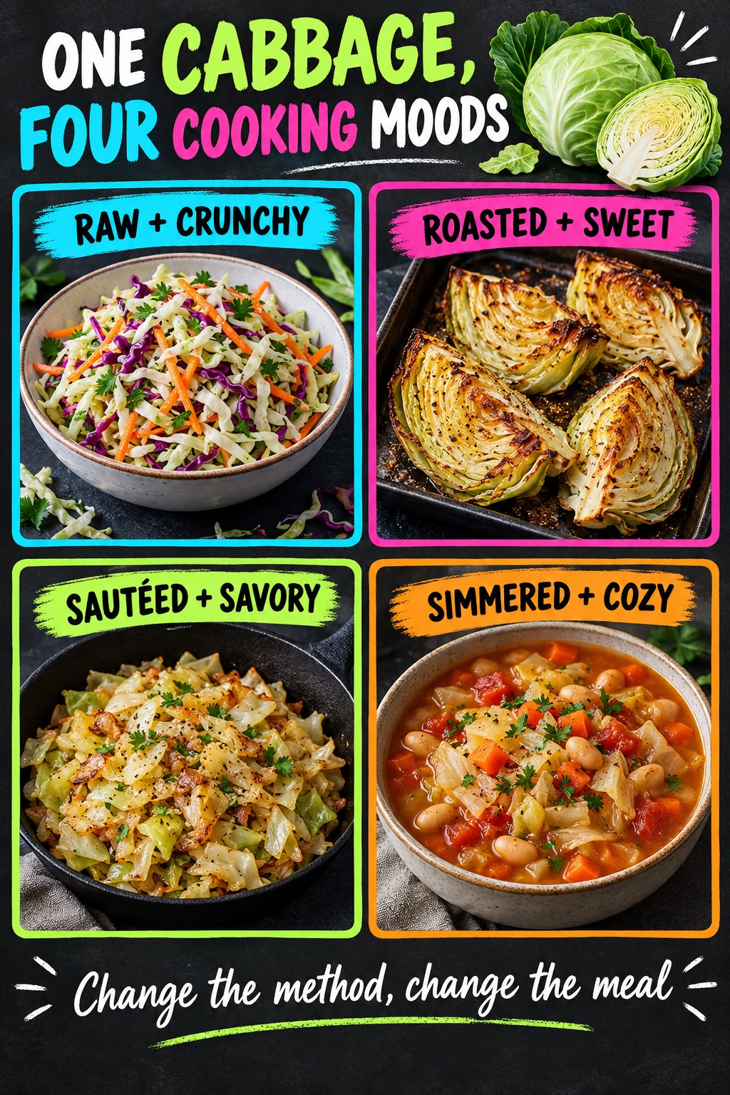 Charcoal infographic showing cabbage prepared as slaw, roasted wedges, a sautéed skillet, and bean soup.