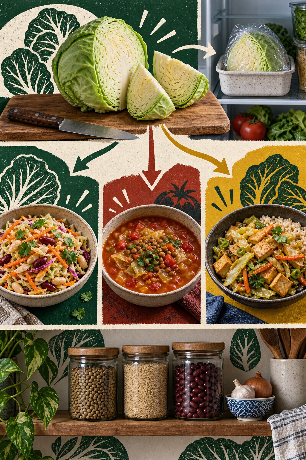Vertical linocut-style infographic showing one cabbage divided into bean slaw, lentil-tomato soup, and tofu stir-fry with pantry staples.