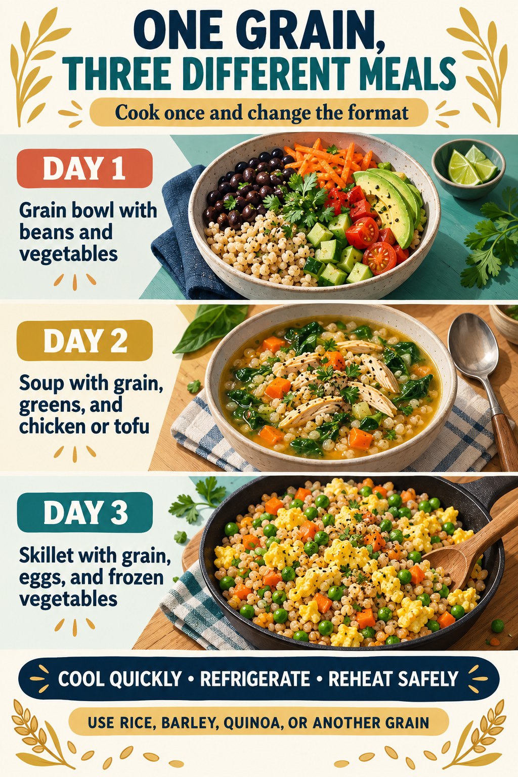 Meal plan infographic using one cooked grain in three different meals