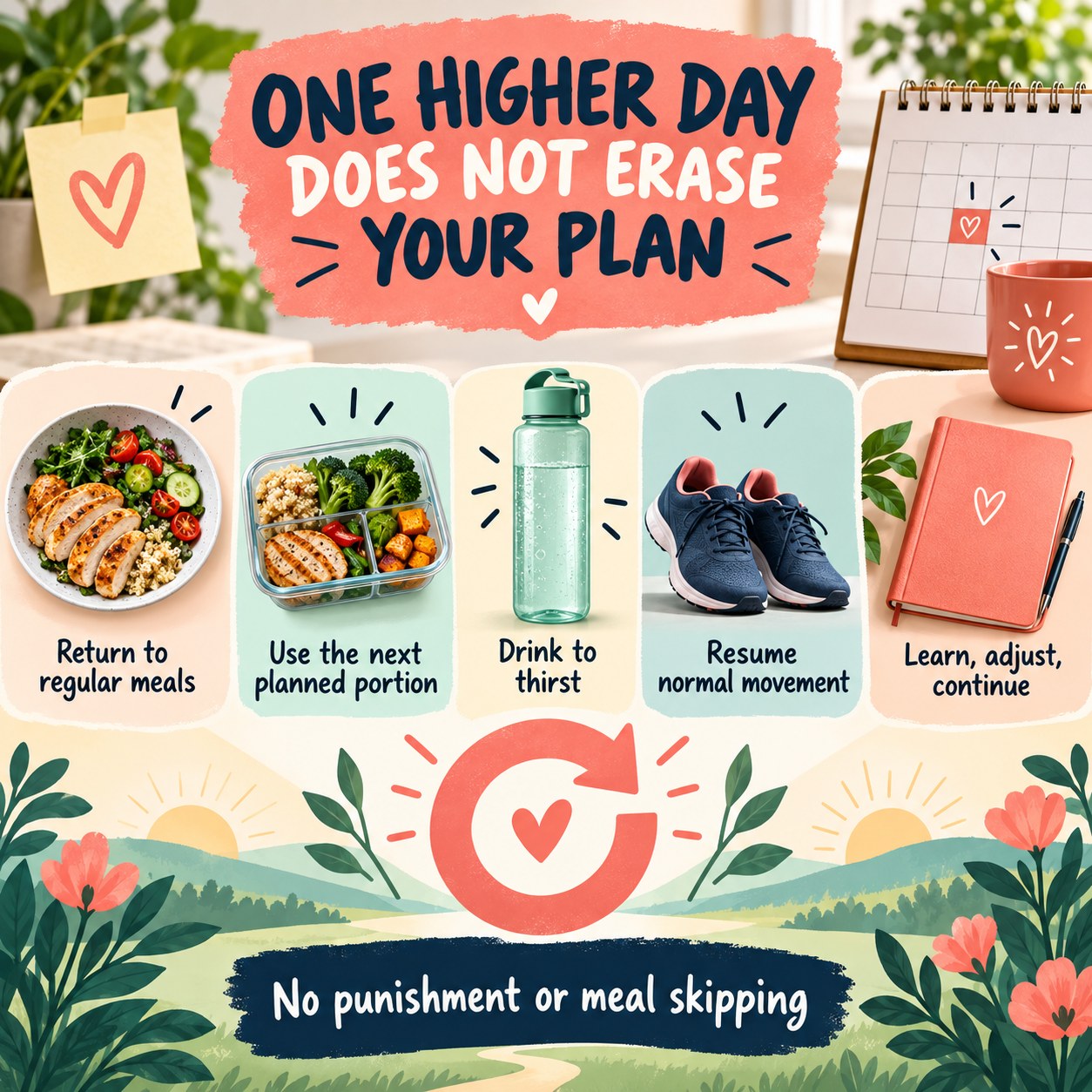 Compassionate infographic advising regular meals, planned portions, thirst-guided drinking, normal movement, and no punishment after a higher-calorie day