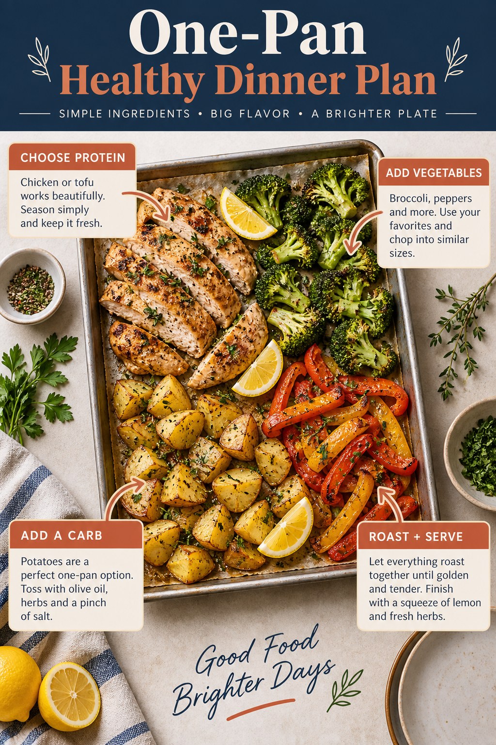 Portrait infographic of a sheet pan with chicken or tofu, broccoli, peppers, potatoes, lemon and herbs, with protein, vegetable, carbohydrate, and roasting steps.