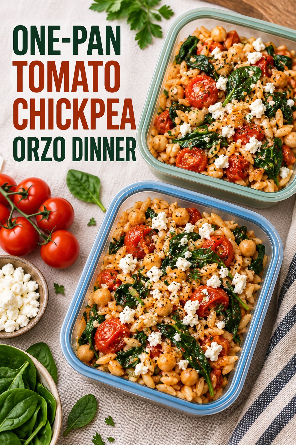 Two servings of one-pan tomato chickpea orzo dinner made with chickpeas, orzo, and vegetables.