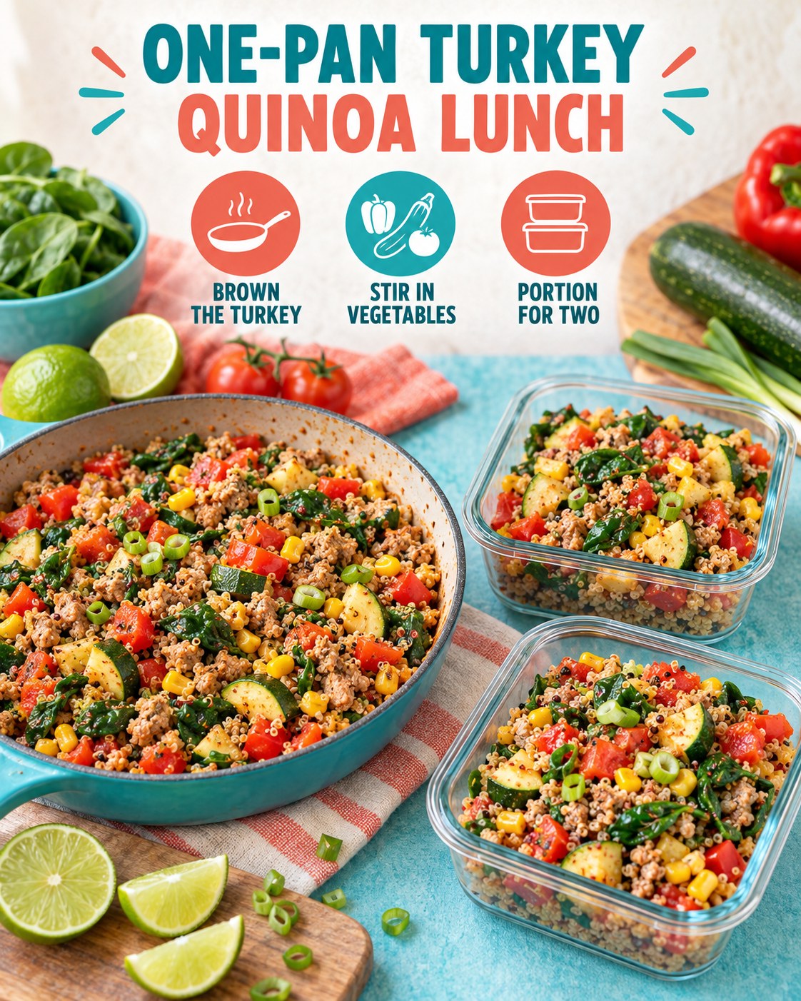 One-pan turkey quinoa lunch with zucchini, red pepper, spinach, tomatoes, corn, scallions, lime, and two meal-prep portions.