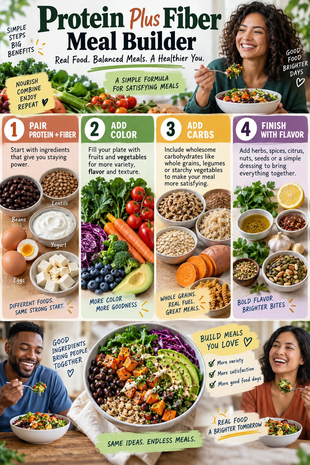 Portrait infographic showing one-pot bean chili, lentil stew, and chicken or tofu curry with steps to add protein, vegetables and a carbohydrate side.