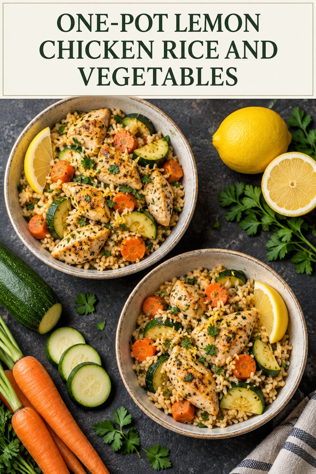 Two servings of one-pot lemon chicken rice and vegetables made with chicken, brown rice, and vegetables.