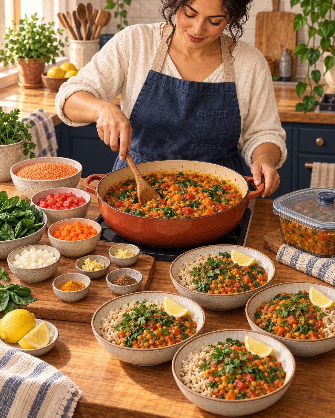 Woman stirring red lentil, tomato, carrot, and spinach curry with four rice bowls nearby