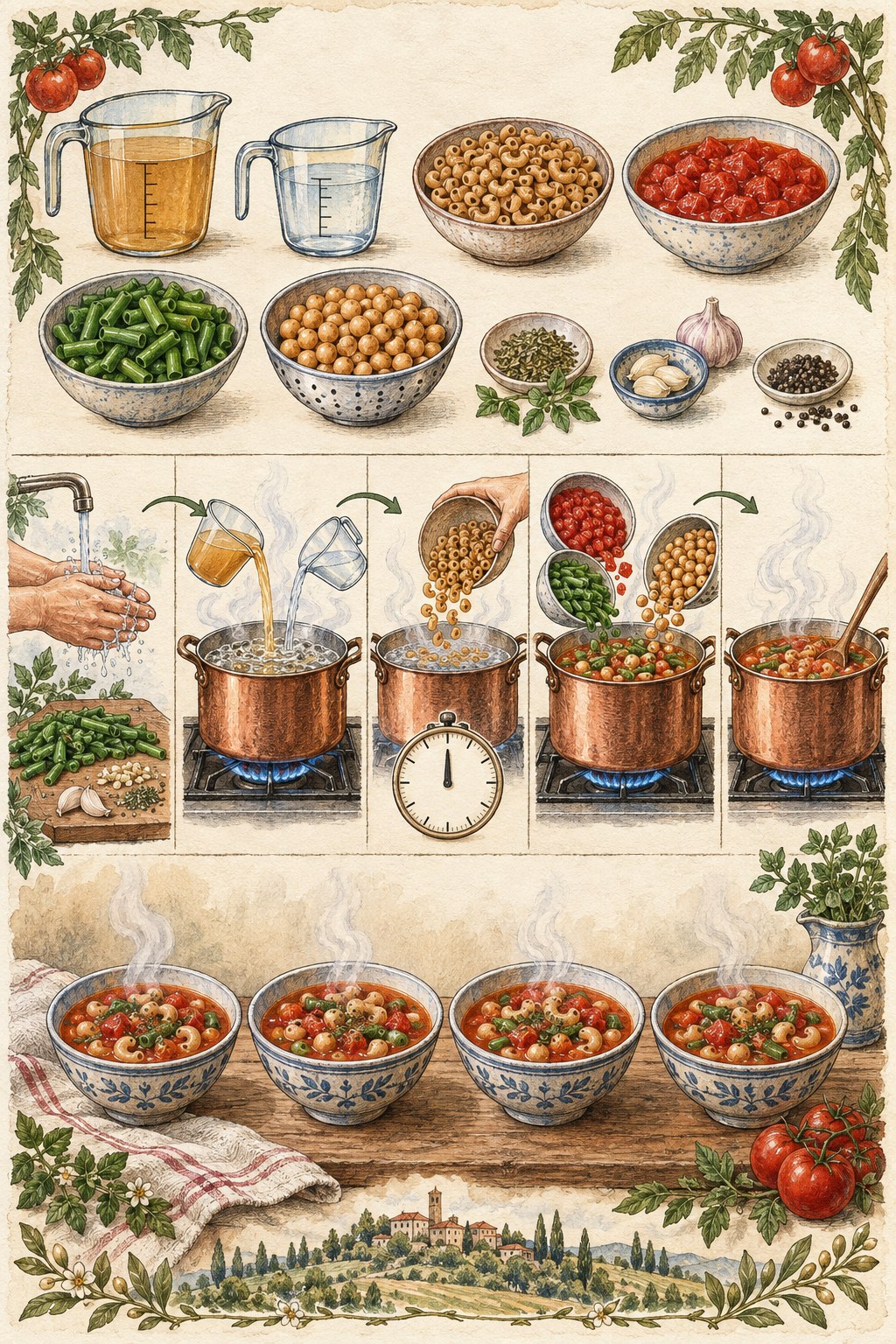 Watercolor cooking infographic with measured soup ingredients, five one-pot steps, and four finished bowls.