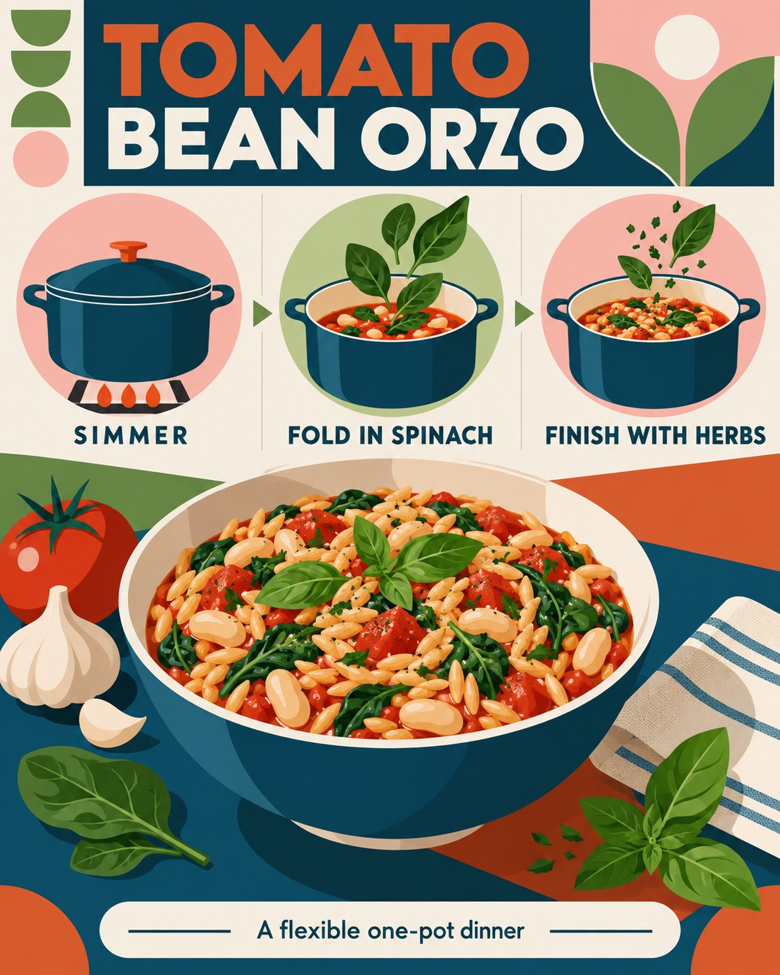 Petrol blue and burnt orange vector infographic showing tomato white bean orzo with spinach, garlic, basil, and a cooking pot.