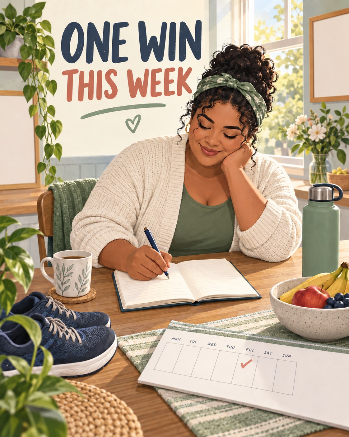 Woman writing a weekly routine win beside walking shoes, fruit, and a simple calendar