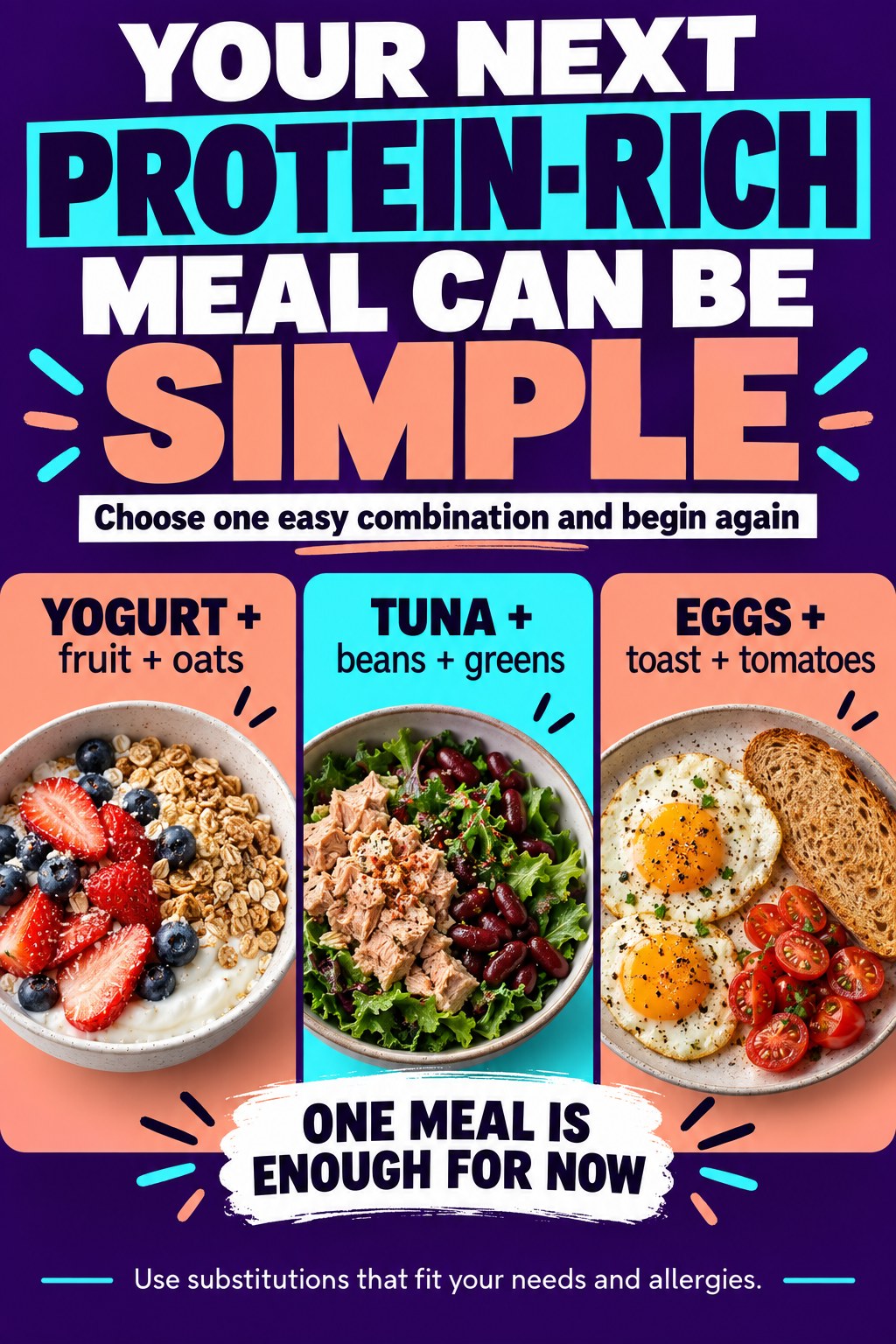 Motivational meal infographic with yogurt fruit oats, tuna beans greens, and eggs toast tomatoes