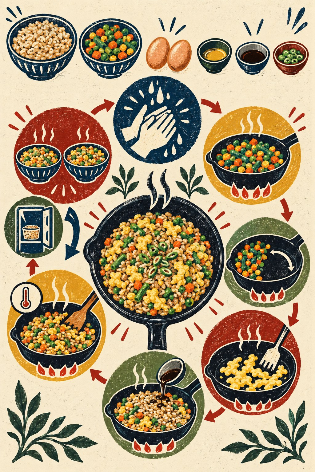 Linocut recipe infographic with brown rice, frozen vegetables, eggs, a central skillet, thermometer, and two steaming bowls.