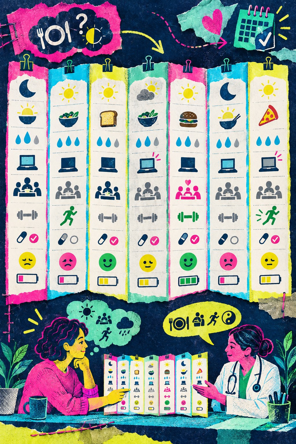Bright risograph infographic with seven daily icon cards and an adult reviewing the week with a clinician.