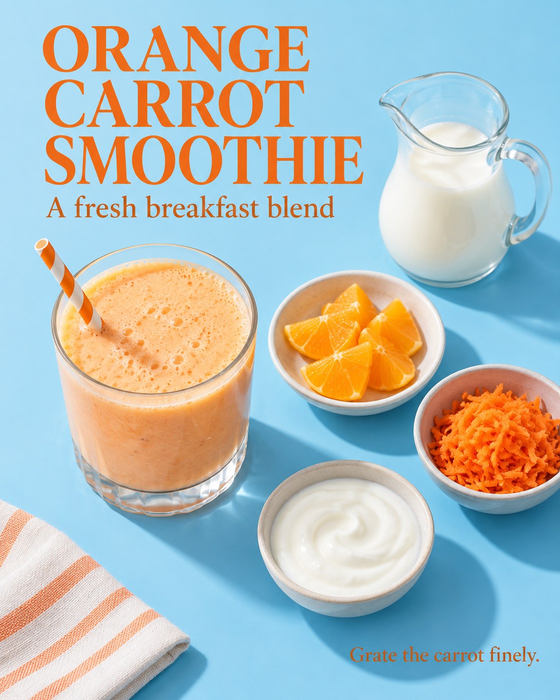 Pale orange smoothie beside peeled orange segments, grated carrot, and yogurt with an orange carrot breakfast headline.