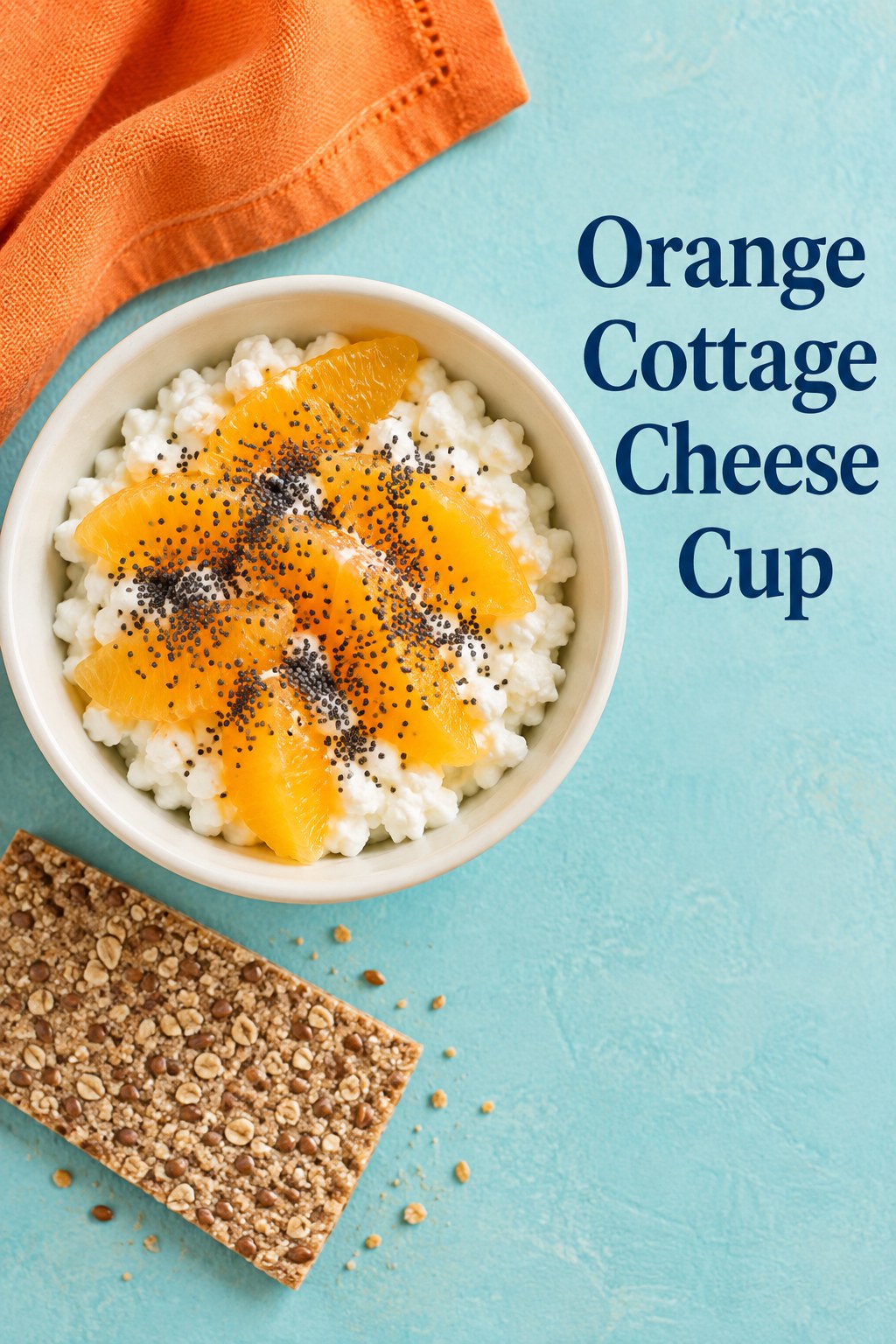 Cottage cheese with orange segments and poppy seeds beside the words Orange Cottage Cheese Cup.