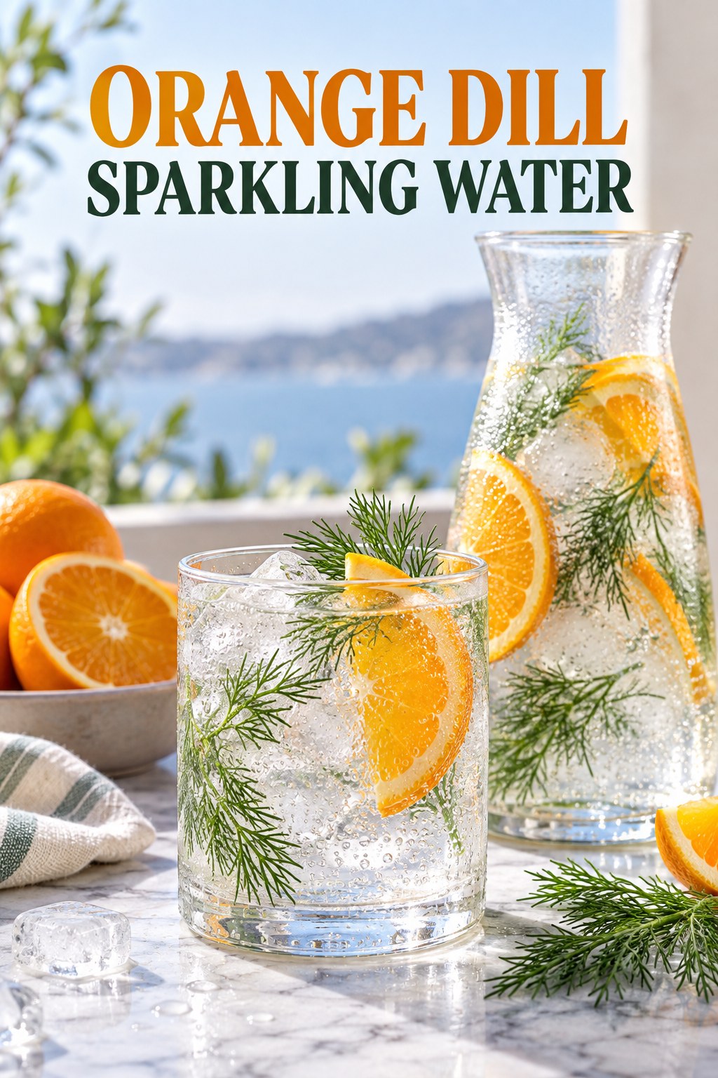 Portrait drink scene with orange, fresh dill, ice, and a chilled glass of sparkling water.
