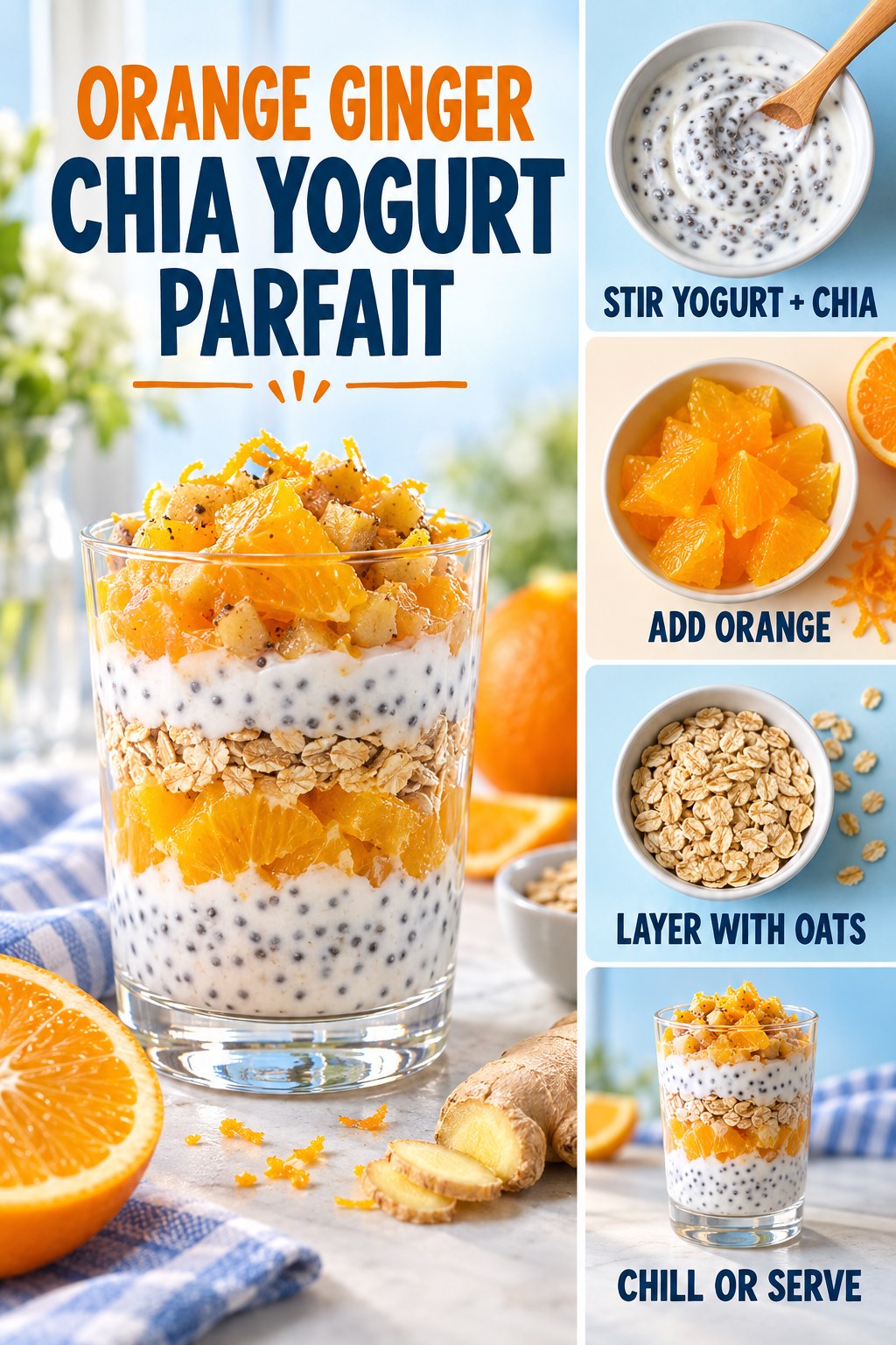 Layered yogurt parfait with chia seeds, orange pieces, oats, and ginger beside four preparation steps.