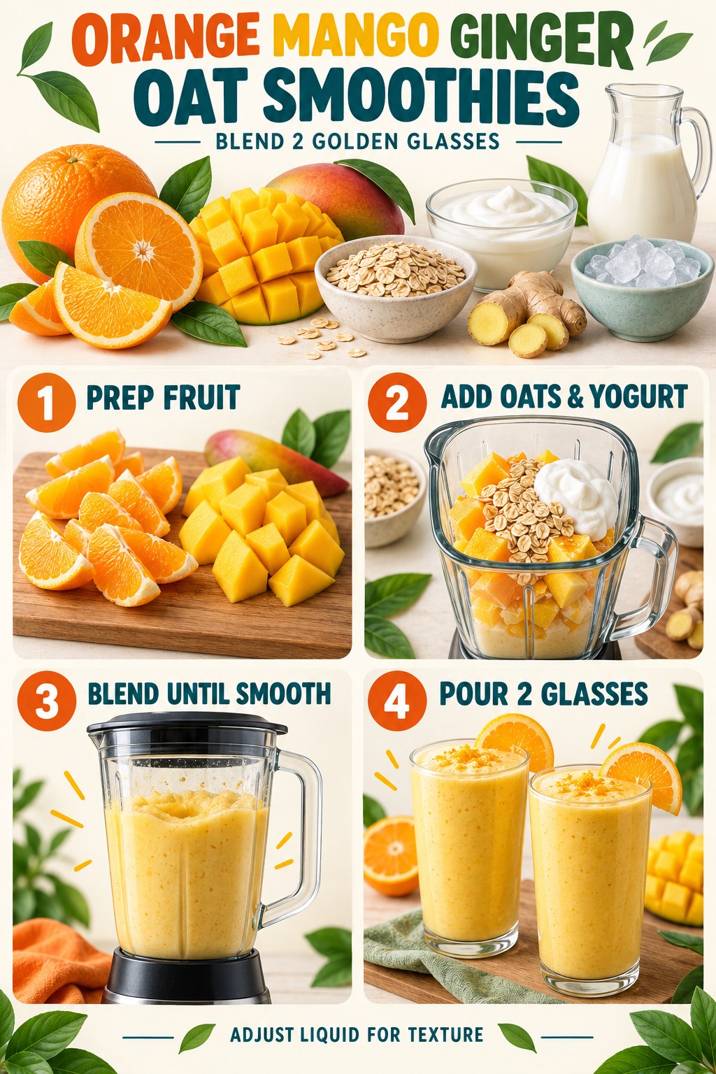 Orange mango smoothie ingredients with ginger, yogurt, oats, and simple blending steps.
