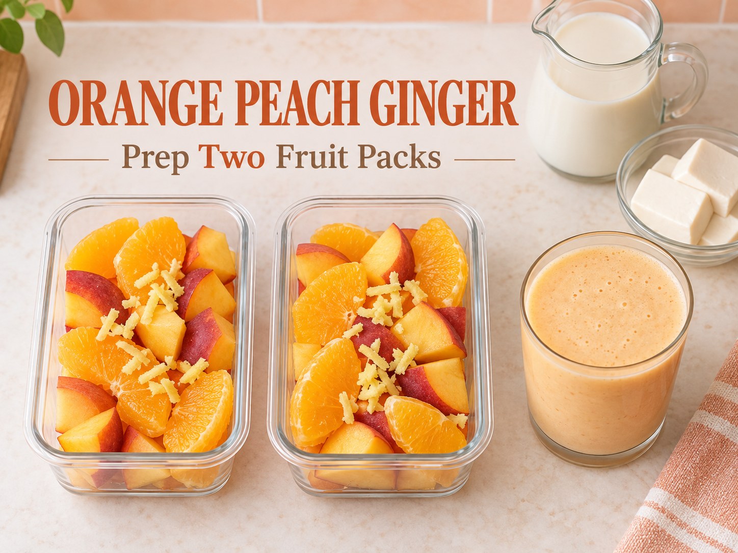 Two freezer containers of orange and peach beside an orange smoothie, with Orange Peach Ginger and Prep Two Fruit Packs text.