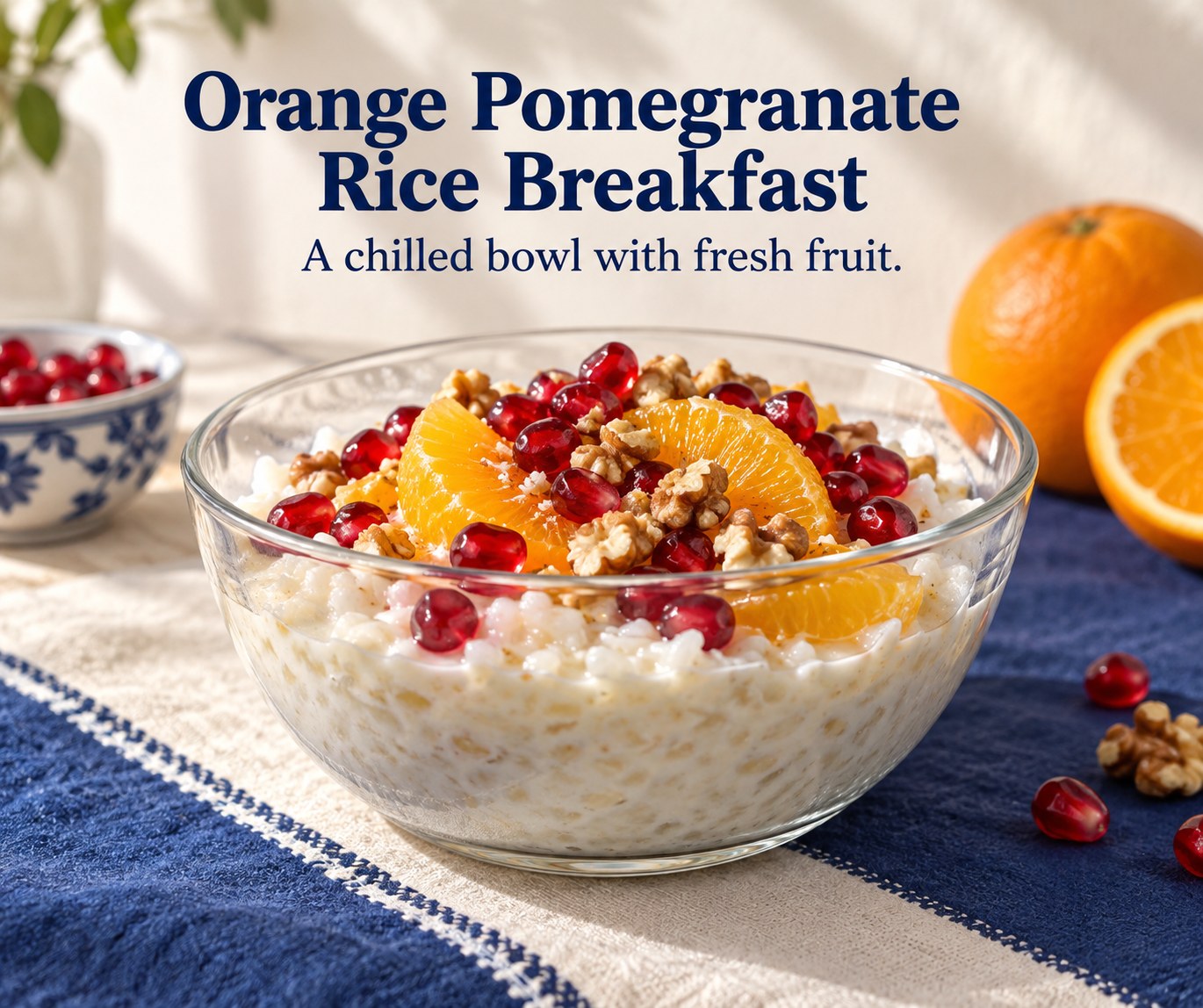 Chilled creamy rice in a glass bowl topped with orange segments, pomegranate seeds, and chopped walnuts.