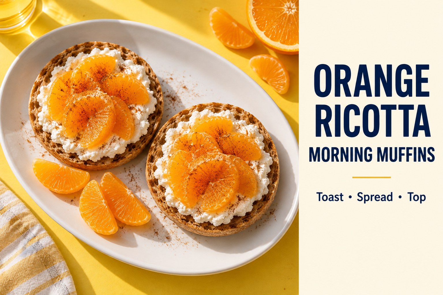 Two English muffin halves topped with ricotta and orange segments beside the text Orange Ricotta Morning Muffins.