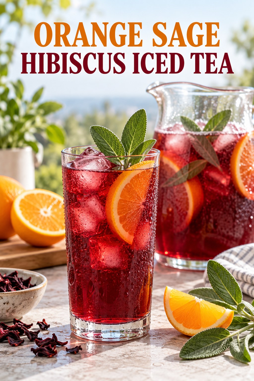 Portrait drink scene with orange, fresh sage, ice, and a chilled glass of hibiscus iced tea.