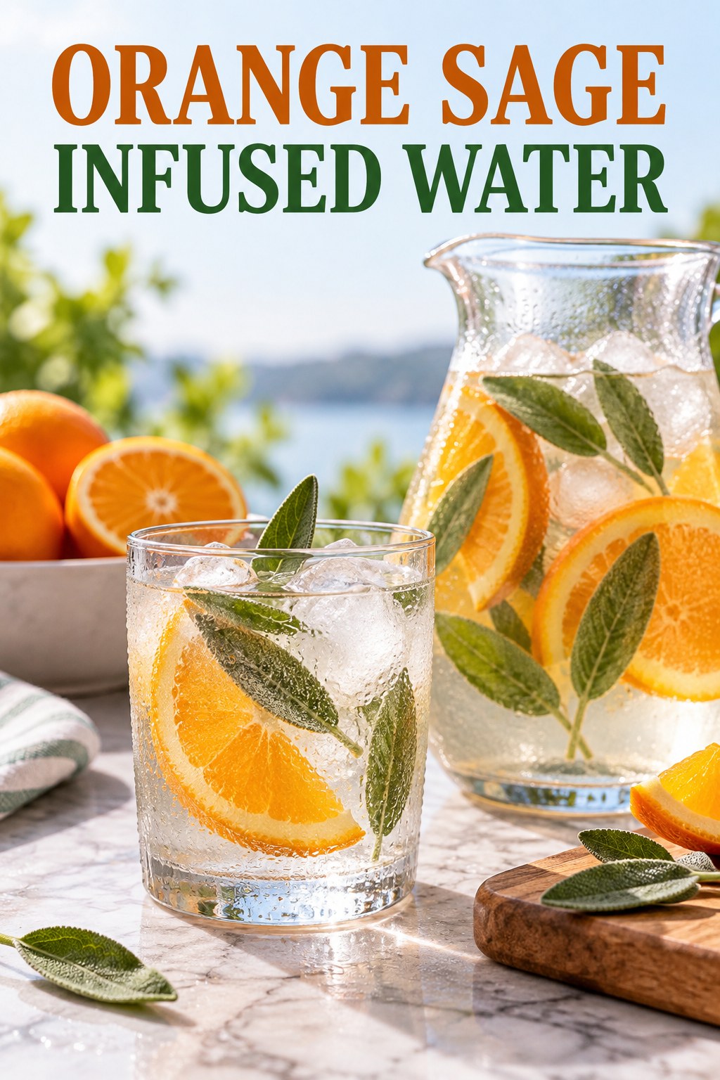 Portrait drink scene with orange, fresh sage, ice, and a chilled glass of infused water.