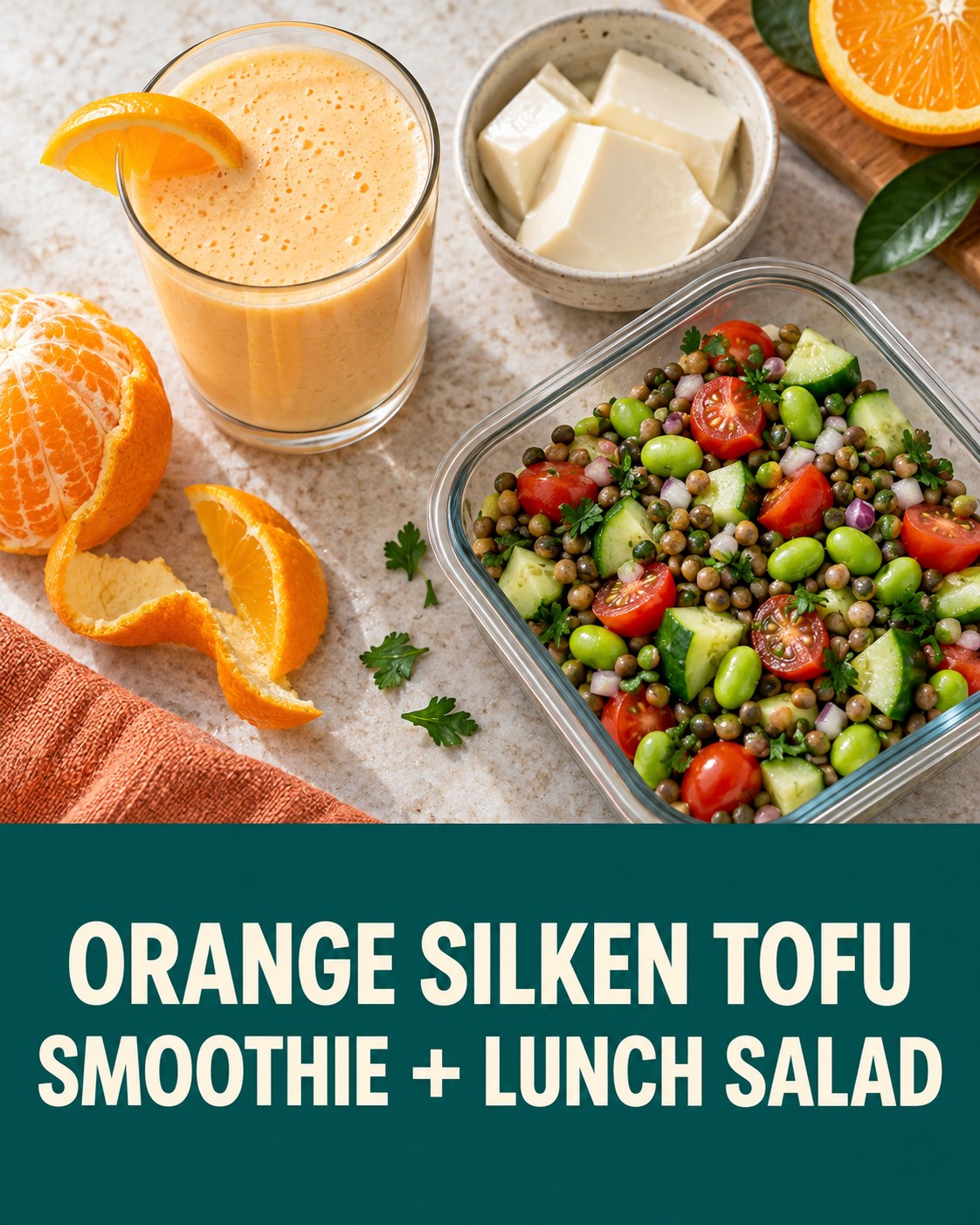 Pale orange tofu smoothie beside an orange and a separate lentil edamame salad in a clean split-panel lunch recipe design.