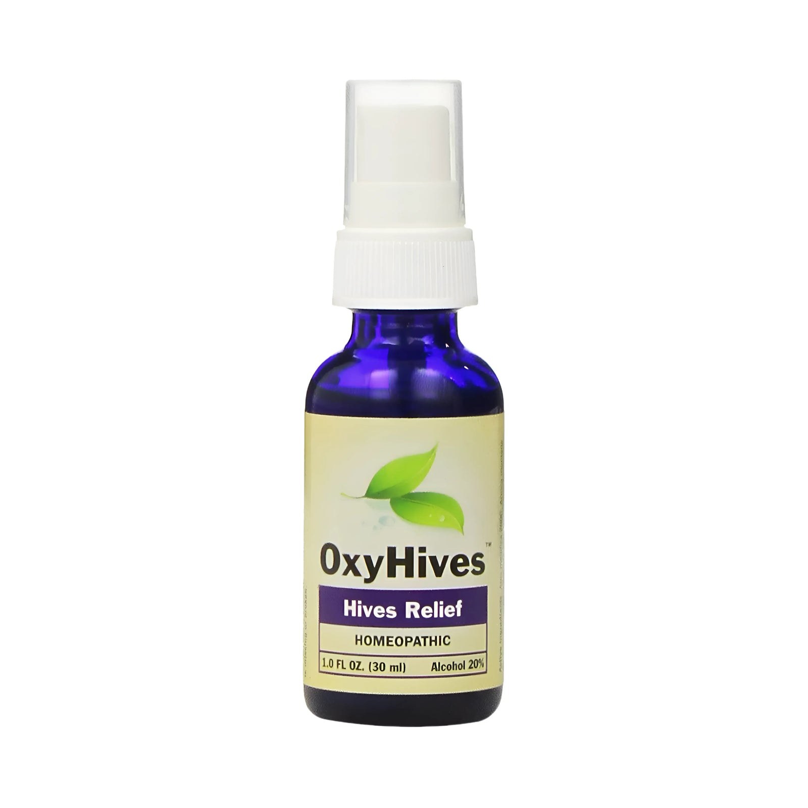 OxyHives blue spray bottle with a homeopathic Hives Relief label, marked 30 mL and 20 percent alcohol