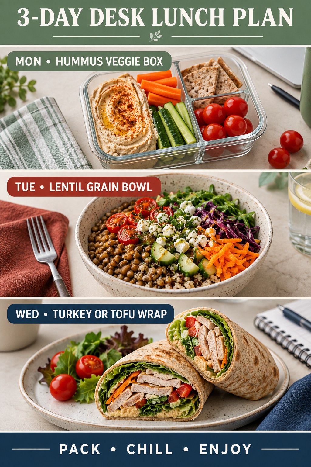 Three-day desk lunch plan with a hummus veggie box, lentil grain bowl, and turkey or tofu wrap.