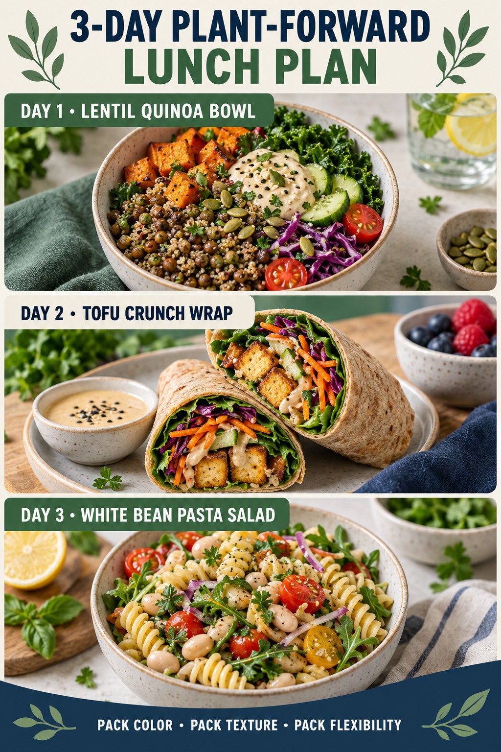Three plant-forward lunches: lentil quinoa bowl, tofu crunch wrap, and white bean pasta salad.