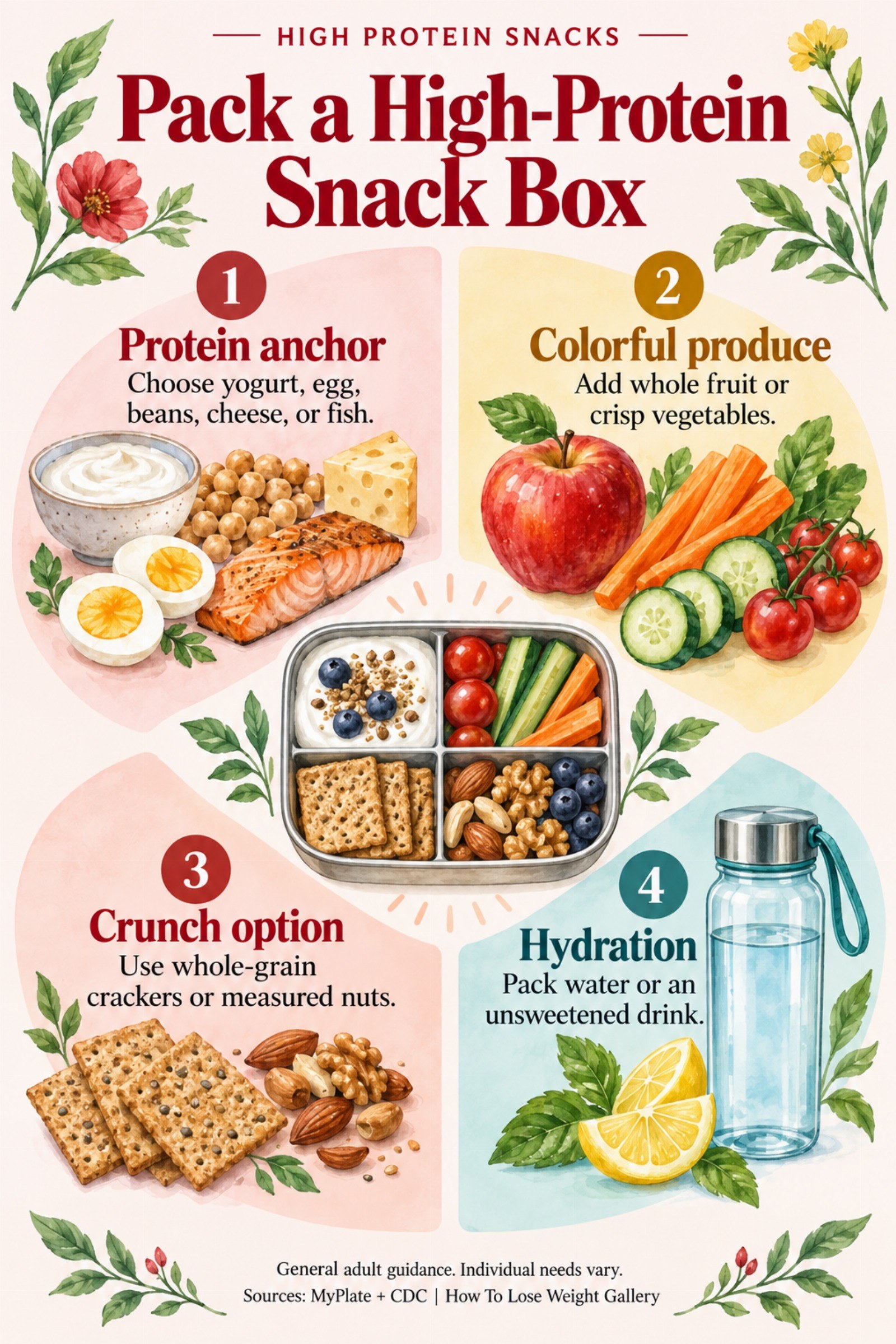 Colorful infographic titled Pack a High-Protein Snack Box with four illustrated tips for High Protein Snacks.