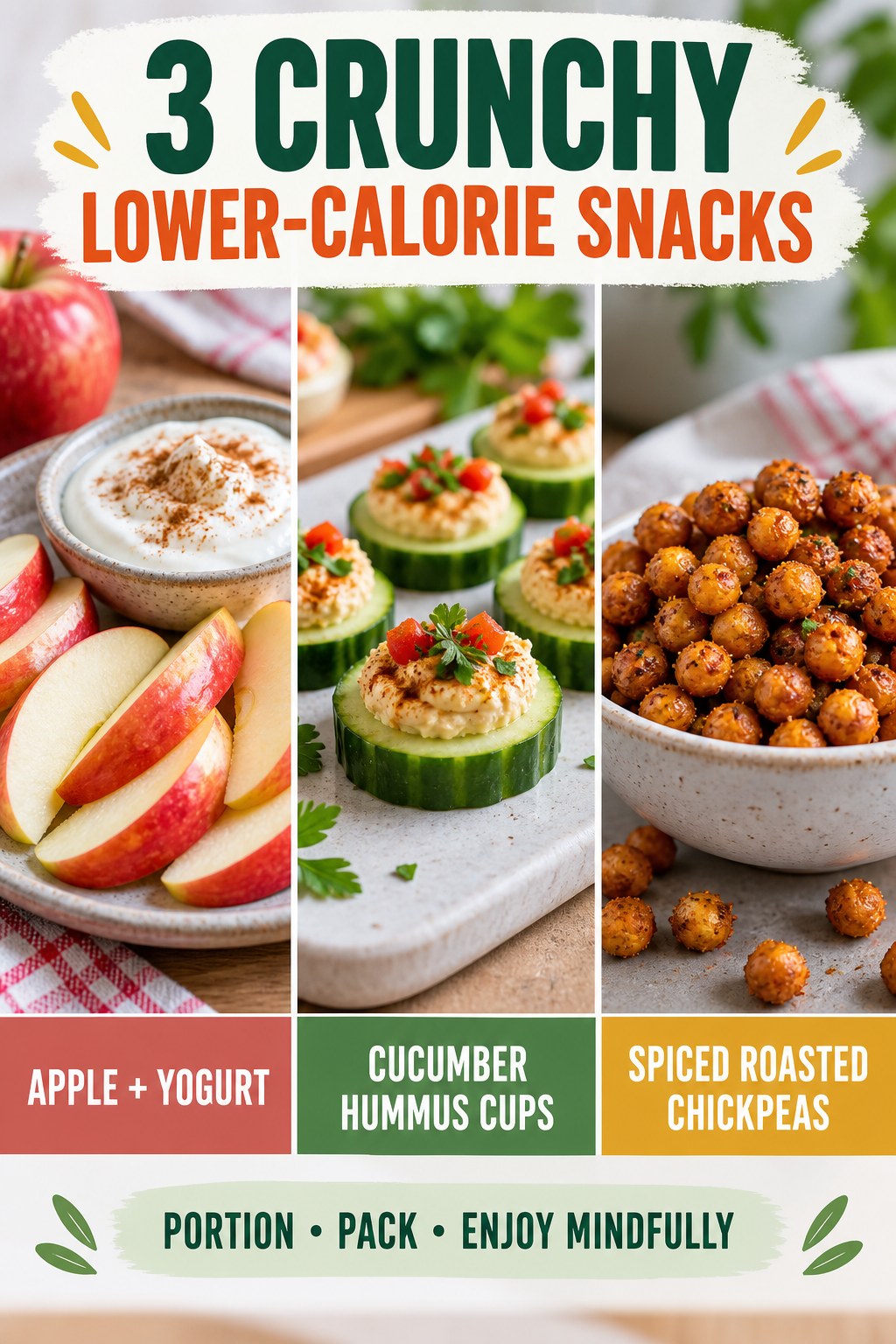 Three crunchy lower-calorie snacks with apple and yogurt, cucumber hummus cups, and roasted chickpeas.