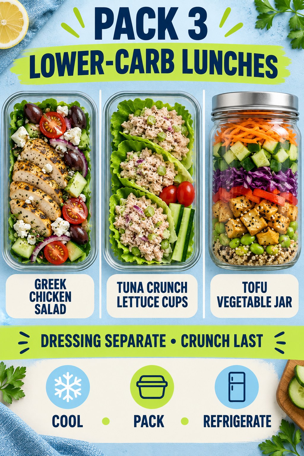 Three lower-carb packed lunches with Greek chicken salad, tuna lettuce cups, and tofu vegetable jar.