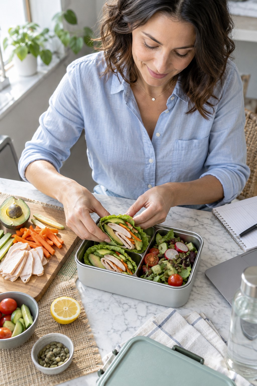 Adult packing turkey, avocado, cucumber, and carrot lettuce wraps with a side salad into a reusable lunch box.