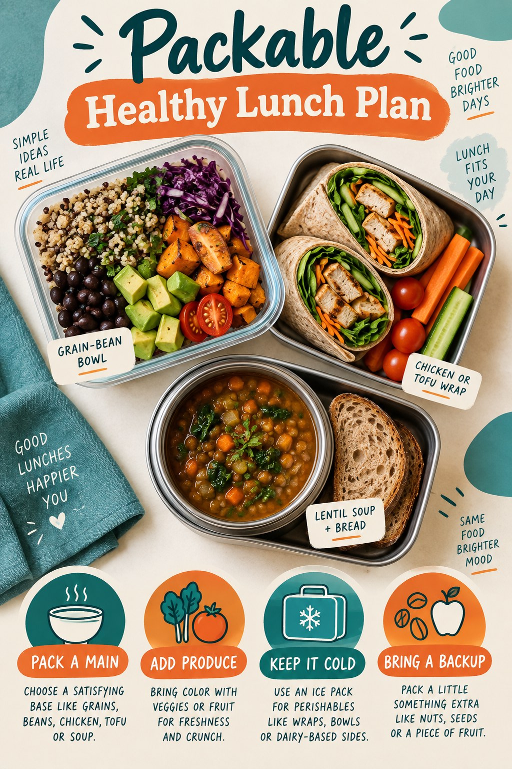 Portrait infographic showing a packable grain-bean bowl, chicken or tofu wrap, lentil soup with bread, produce, cold storage, and a backup snack.