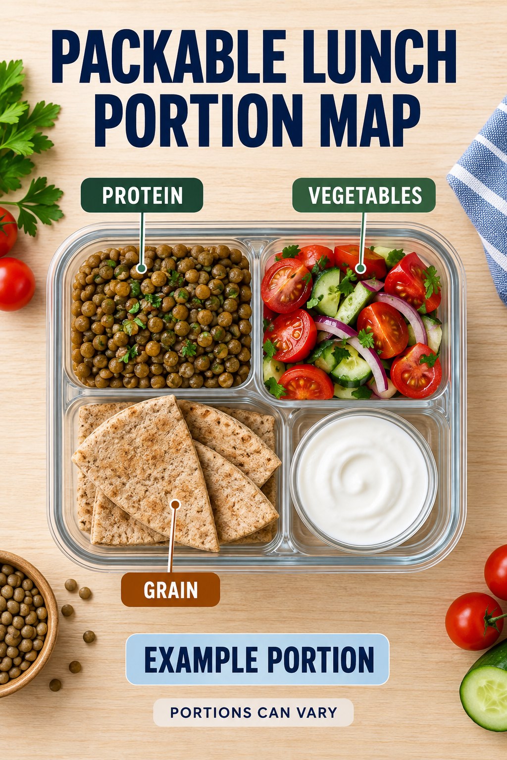 Packable Lunch Portion Map visual using lentils, whole-grain pita, tomato salad, and plain yogurt as flexible example portions for Healthy Lunch Recipes.